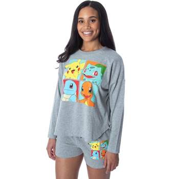 Pokemon Women's Starter Squares 2 Piece Loungewear Pajama Set LS Shirt Shorts