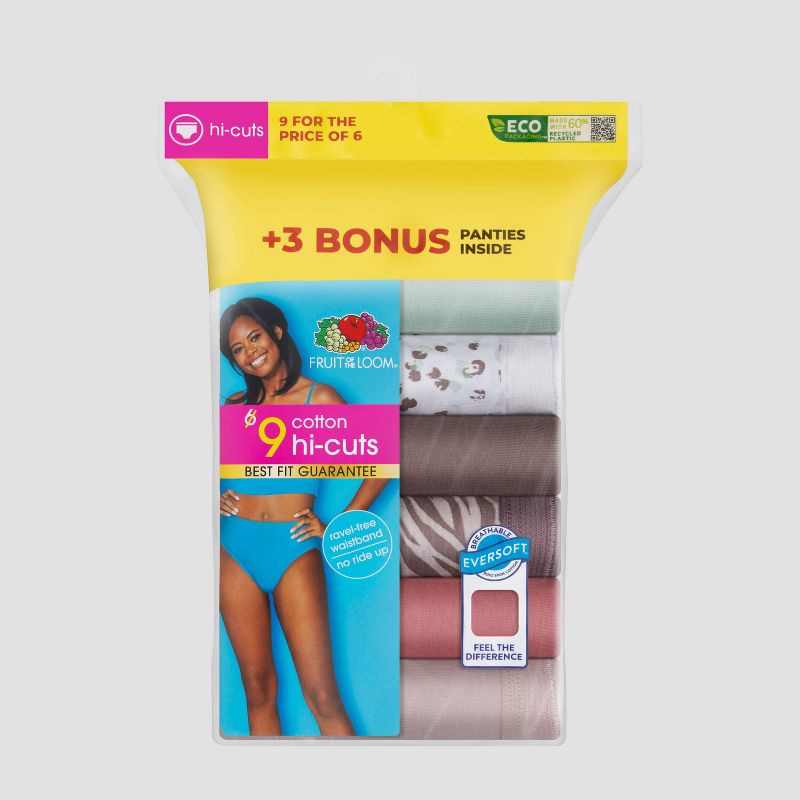 Fruit of the Loom Women&#39;s 6+3 Bonus Pack Cotton Hi-Cut Underwear - Colors May Vary, 3 of 6