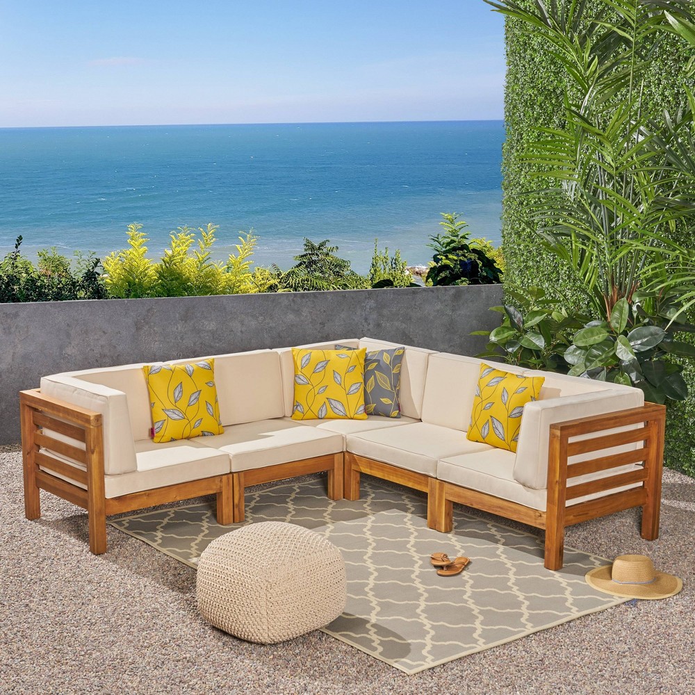 Oana 5pc Acacia Wood V-Shaped Sectional Sofa Set Teak/Beige - Christopher Knight Home: Weather-Resistant Patio Seating