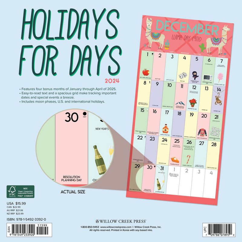 Willow Creek Press 2024 Wall Calendar 12&#34;x12&#34; Holidays for Days, 2 of 4