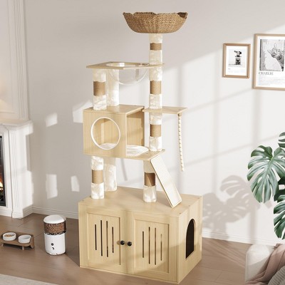 Cat Tree with Litter Box Enclosure,Hidden Washroom Litter Box Tree with Sisal Scratching Post and Soft Plush Perch, with Multiple Platforms
