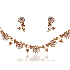 Anna-Kaci Women's Gold Tone Necklace and Earring Set with Peach Crystal Teardrop Accents, Adjustable Chain, Elegant and Sparkling Design - Peacock - 1 of 4