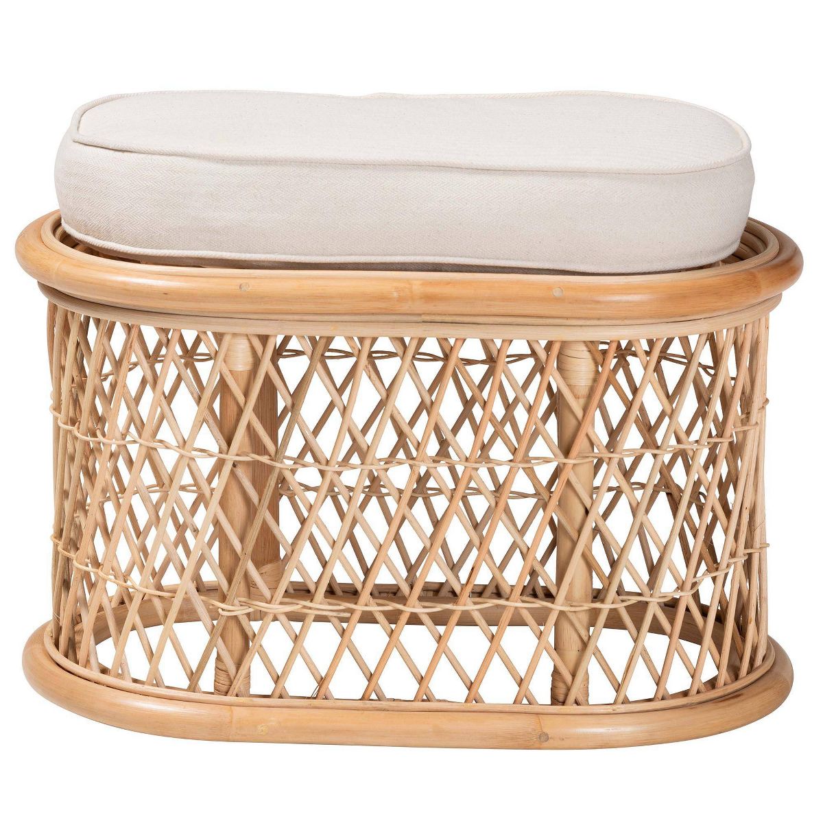 bali & pari Ladonna Natural Rattan Ottoman Footstool Natural: Upholstered Indoor Bench, Oval Shape, No Assembly Required - thumbnail 3