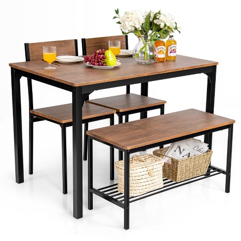 Costway 4pcs Dining Table Set Rustic Desk 2 Chairs & Bench w/ Storage Rack - image 1 of 4