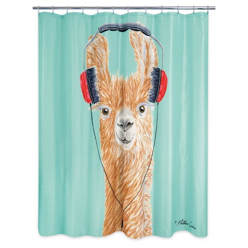 Headphone Llama Shower Curtain Teal, Llama Shower Curtain Hooks