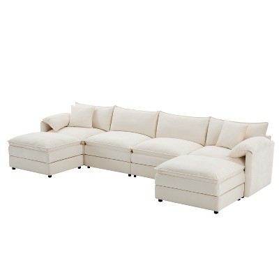 VYNXARIA 136" Chenille Modular Sectional Sofa with Deep and Wide Seat,U Shaped Cloud Couch Set with Double Cushions,6 Seat Sofa，Cream