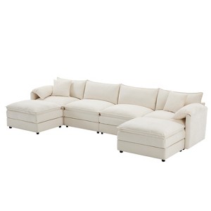 VYNXARIA 136" Chenille Modular Sectional Sofa with Deep and Wide Seat,U Shaped Cloud Couch Set with Double Cushions,6 Seat Sofa，Cream - 1 of 4