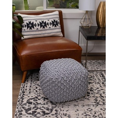 Gray Hand-Knitted Cotton Square Pouf Ottoman