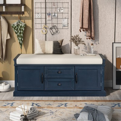 CENGHU Storage Ottoman Bench,  Storage Bench with 2 Drawers and 2 Cabinets, Shoe Bench with Removable Cushion for Living Room, Entryway