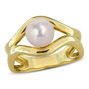 EVERLY JEWELRY |Yellow Plated Sterling Silver 1/5 CT TGW Created White Sapphire And 7 - 7.5 MM White Freshwater Cultured Pearl Fashion Ring - 1 of 4