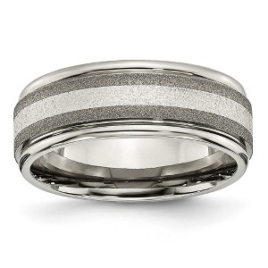 Black Bow Jewelry Mens 8mm Titanium Sterling Silver Inlay Stone Finish Grooved Edge Band - 1 of 4
