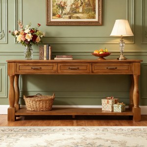 Hostack 63'' Long Wood Console Table with 3 Drawers and 1 Bottom Shelf for Entryway and Hallway, Brown - 1 of 4