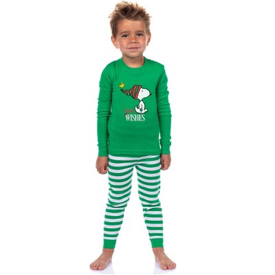 Peanuts Snoopy Christmas Holiday Warm Wishes Tight Fit Cotton Matching Family Pajama Set Green