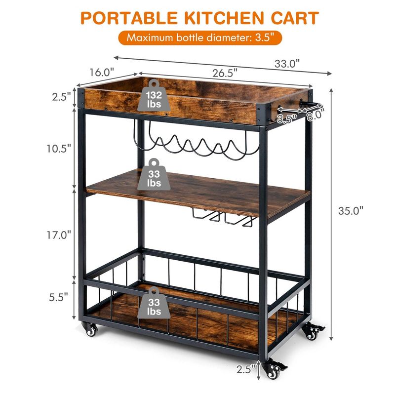 Costway 3-Tier Rolling Kitchen  Cart Serving Trolley Wine Rack Removable Tray, 4 of 11