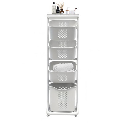 Hachikiko 4-Tier Rolling Laundry Hamper with Removable Baskets & Wheels - Space-Saving Clothes Organizer for Bathroom, White