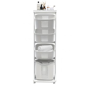 Hachikiko 4-Tier Rolling Laundry Hamper with Removable Baskets & Wheels - Space-Saving Clothes Organizer for Bathroom, White - 1 of 4