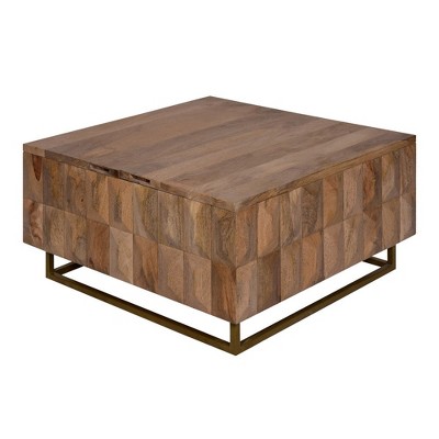 Side view of block wood coffee table with brass base
