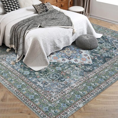Garvee Washable Oriental Area Rug,Vintage Design Printed Floral Carpet, Stain Resistant with Non Slip Rubber Back, Persian Green Tint