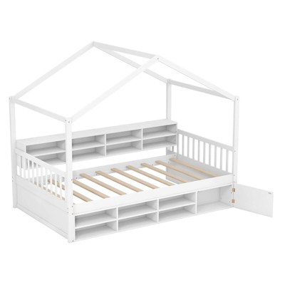 Infans Twin Size House Bed Wooden Platform Bed Frame with Roof & 14 Storage Cubes