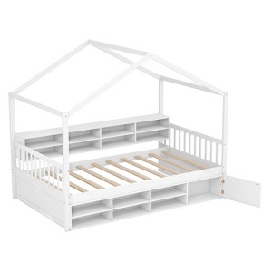 Infans Twin Size House Bed Wooden Platform Bed Frame with Roof & 14 Storage Cubes - 1 of 4
