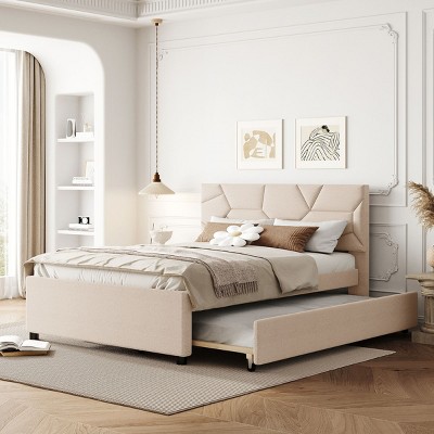 KTMBDW Full/Queen Size Upholstered Platform Bed with Brick Pattern Headboard and Twin Size Trundle, Linen Fabric, No Box Spring Needed