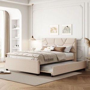 KTMBDW Full/Queen Size Upholstered Platform Bed with Brick Pattern Headboard and Twin Size Trundle, Linen Fabric, No Box Spring Needed - 1 of 4