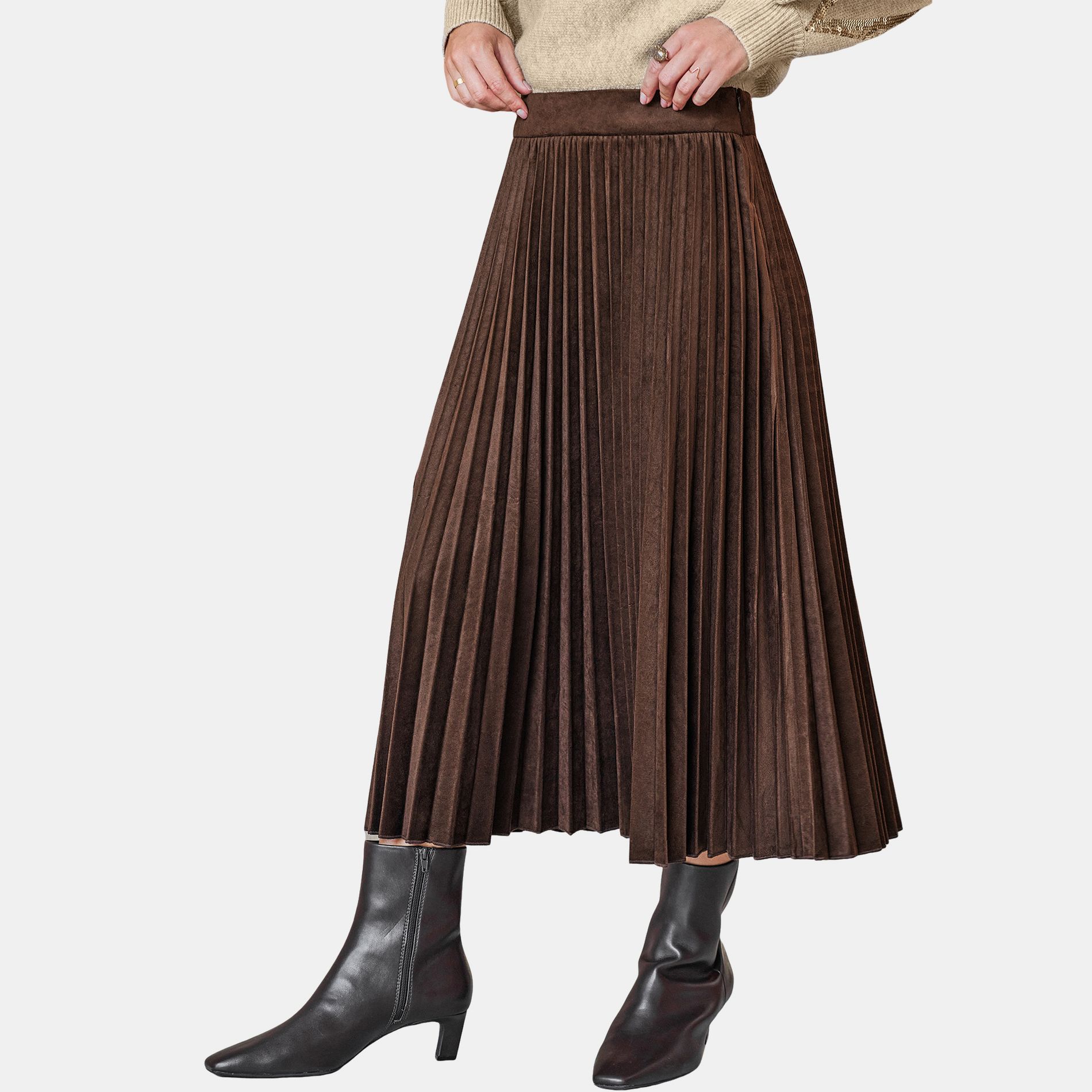 Women's Elegant Pleated Side Zip Midi - Cupshe-L-Brown