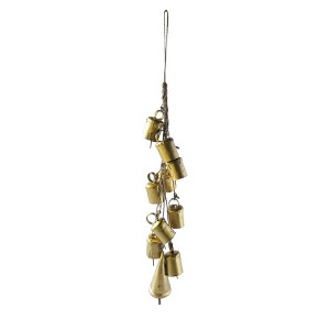 Storied Home 13"H Handmade Hanging Metal Bells on Jute Rope, Gold Finish - 1 of 2