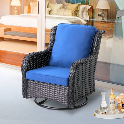 brown wicker+navy cushion