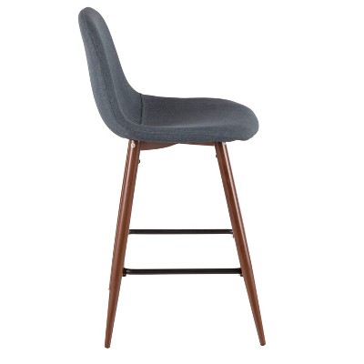 Set of 2 Blue Fabric and Walnut Wood Mid-Century Modern Bar Stools
