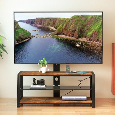 Vynxaria Rustic Brown Wooden Storage TV Stand - Height Adjustable Universal Swivel Entertainment Center with Black Tempered Glass