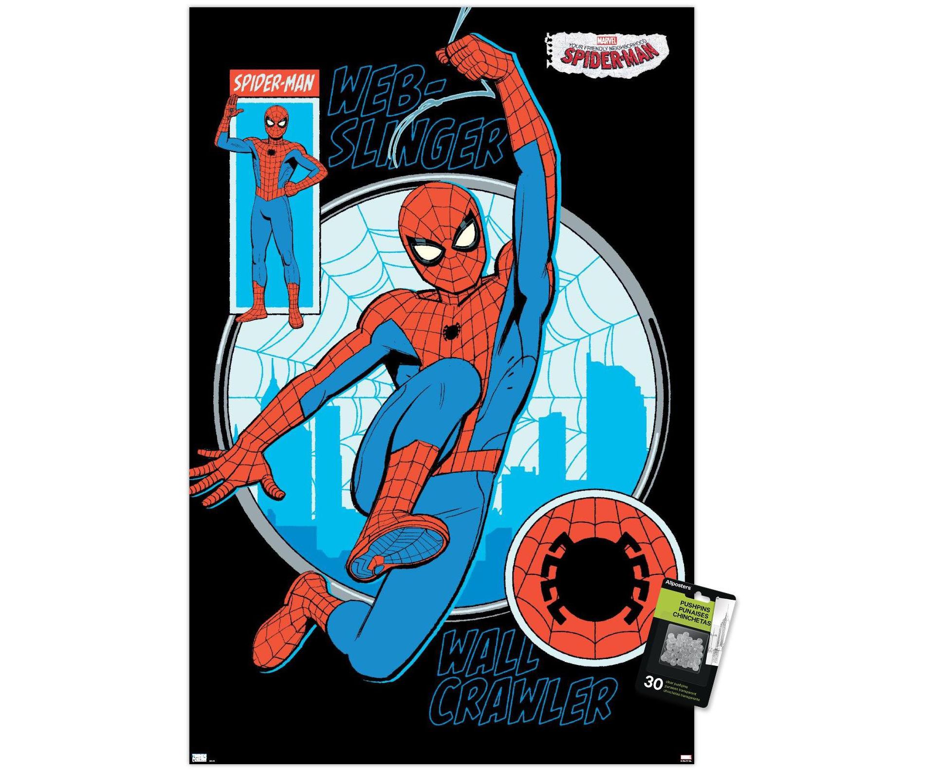 Trends International Marvel Your Friendly Neighborhood Spider-Man (2024) - Wall Unframed Wall Poster Print Clear Push Pins Bundle 22.375" x 34"