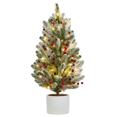 24 Inch Table Top Christmas Tree, Small Christmas Tree with Red Berry Cement Base, Mini Pine Christmas Trees for Table Home Office Decor