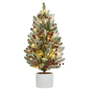 24 Inch Table Top Christmas Tree, Small Christmas Tree with Red Berry Cement Base, Mini Pine Christmas Trees for Table Home Office Decor - 1 of 4
