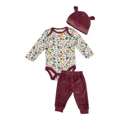 Image of Chick Pea Baby Girl Newborn Outdoor bodysuit and Pants Set 3 Pack Floral Magenta Garden 0-3M