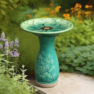 Aqua Green Ceramic Flower Carved Birdbath, 22-Inch Tall