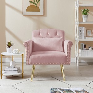 Velvet Accent Armchair with Nail Head Arms and Gold Metal Legs, Modern Upholstered Lounge Chair for Living Room - 1 of 4