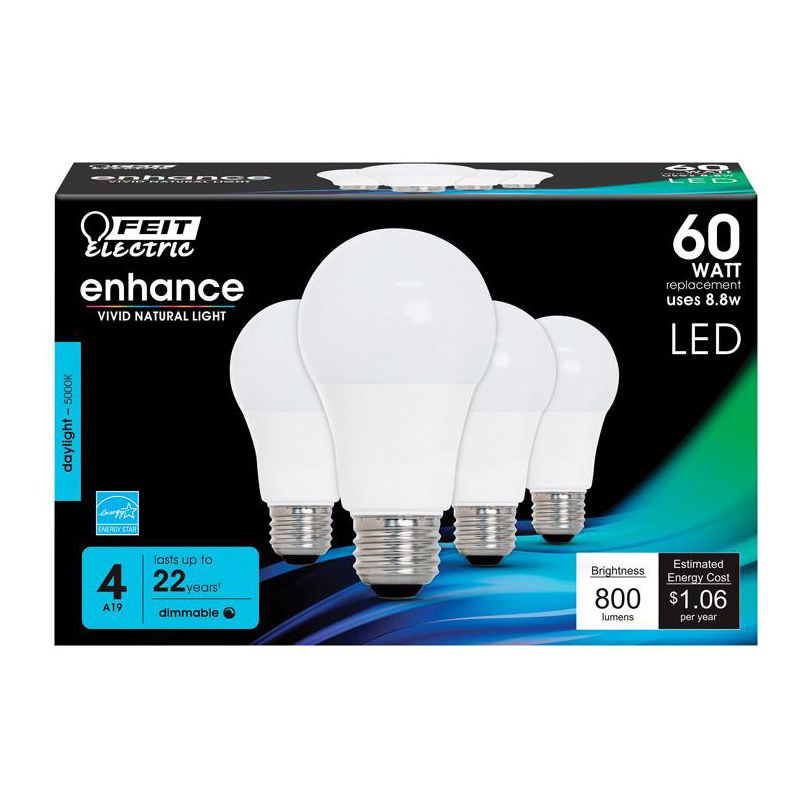 Feit Electric A19 E26 (Medium) LED Bulb Daylight 60 Watt Equivalence 4 pk, 1 of 2