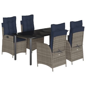 vidaXL 5-Piece Patio Dining Set with Adjustable Back Poly Rattan Gray & Navy Blue Cushions, Tempered Glass Table, for Garden/Outdoor/Deck - 1 of 4