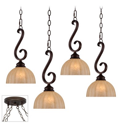 Franklin Iron Works Bronze Scroll Mini Swag Pendant Chandelier Amber Glass Rustic 4-Light Fixture for Dining Room Kitchen Island