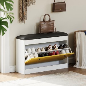 Shoe Storage Bench Modern Shoe Organizer Bench with Flip Drawer & PU Cushion Entryway Tipping Bucket Shoes Rack - 1 of 4