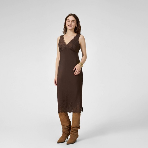 Vestido midi tipo slip con textura arrugada y encaje en el dobladillo para mujer - A New Day™ marrón 3