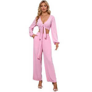Womens Textured Co-ord Sets Tie Front/Side Crop Tops Tops with Palazzo Pants Knot Tie Trousers Sets Long Sleeve Lounge Sets - 1 of 4