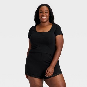 Women's Ribbed Short Sleeve Shirt and Shorts Pajama Set - Auden™ - 1 of 3