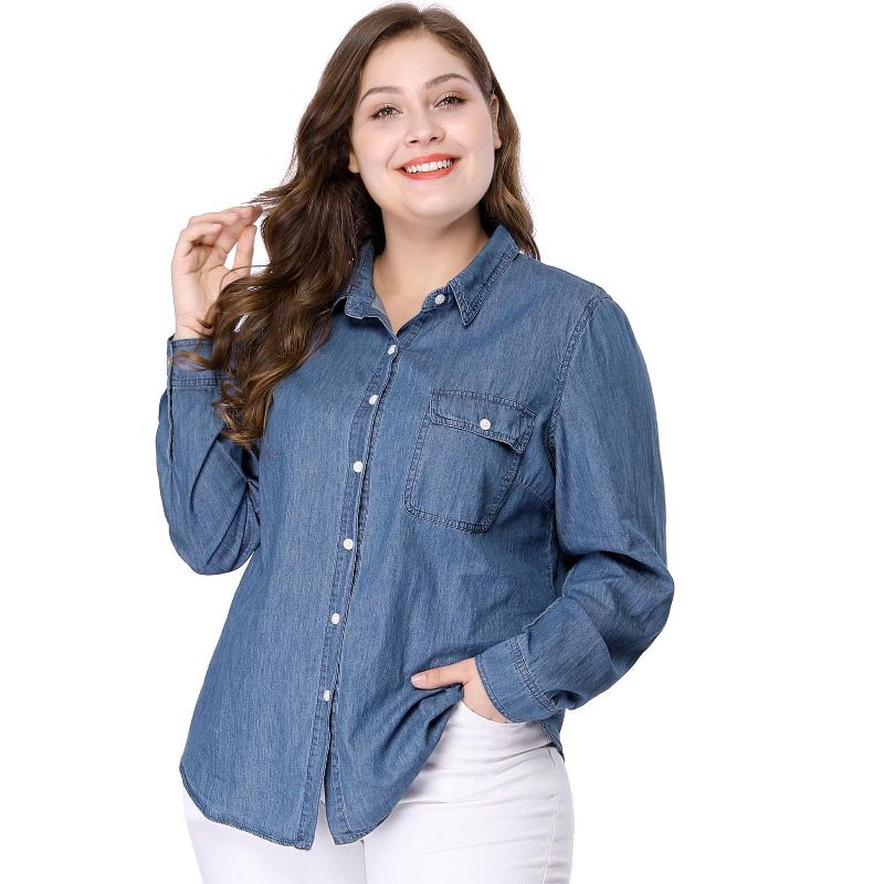 Agnes Orinda Women's Plus Size Work Stripe Button Down Long Sleeve Chambray Shirt, 1 of 8