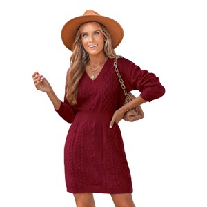 Women's Burgundy Cozy Cable Knit Mini Sweater Dress - Cupshe - 1 of 4