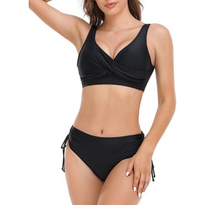 Women's Swimsuit Bikini Set Two Piece Scoop Neck Strap Bow Crop Top Sporty High Cut Bathing Suit with Bottoms