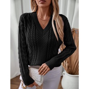 Womens Vintage Pullover V Neck Long Sleeve Cable Knit Sweaters Fall Winter Casual Oversized Chunky Jumper Tops Black Medium - 1 of 4
