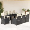 vidaXL 9 Piece Black Patio Dining Set with Cushions - Poly Rattan, Glass Tabletop, Adjustable Backrest & Footrest, for Garden/Backyard - 2 of 4