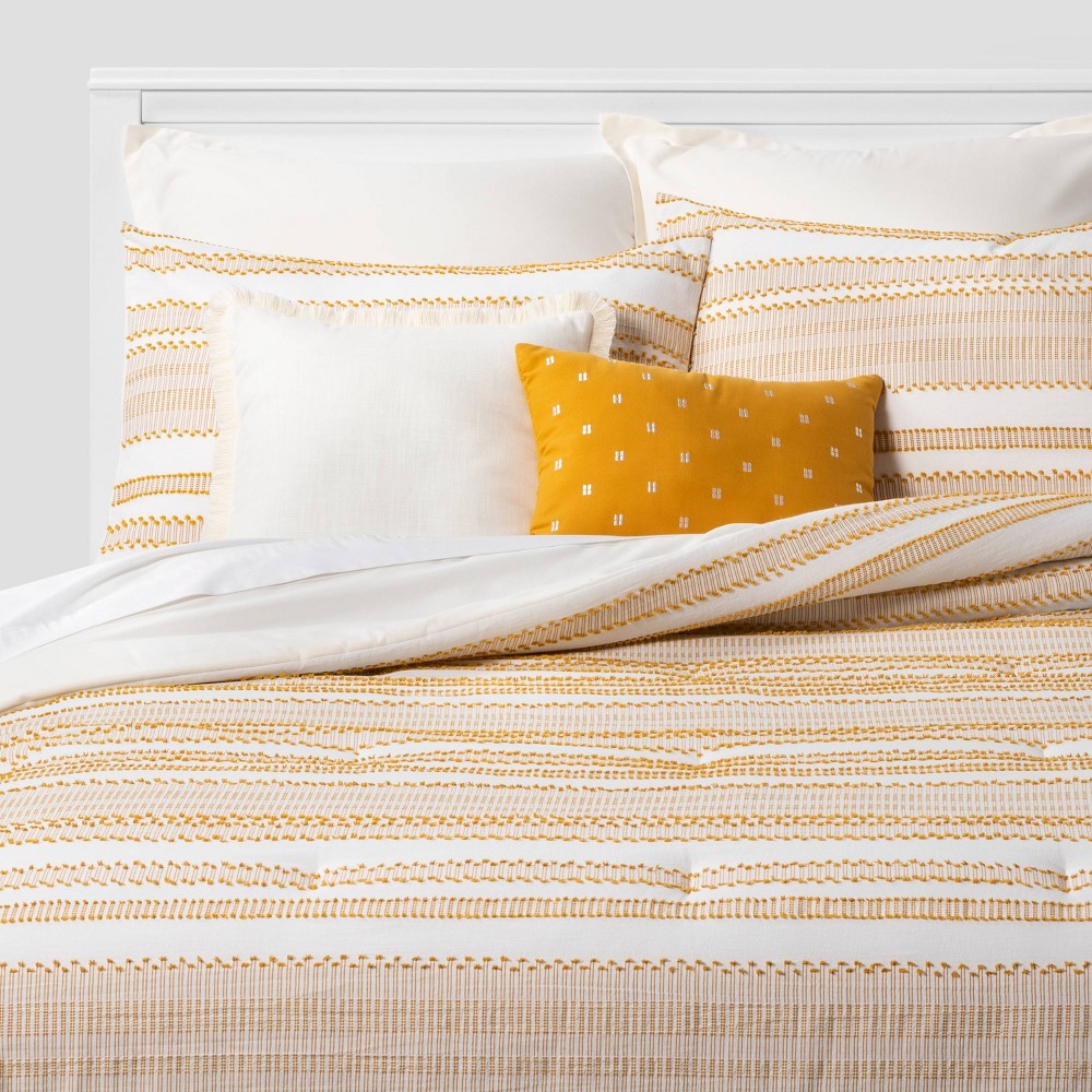 Photos - Duvet 8pc Queen Clipped Jacquard Stripe Comforter Set Yellow/Off-White - Thresho
